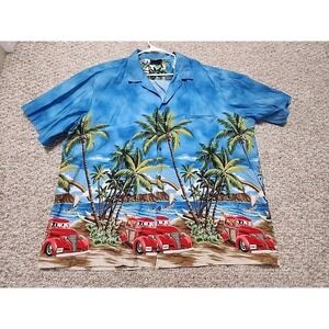 Royal Creations Hawaiian Shirt Men's 3XL Blue Vintage Car Tropical USA Vintage